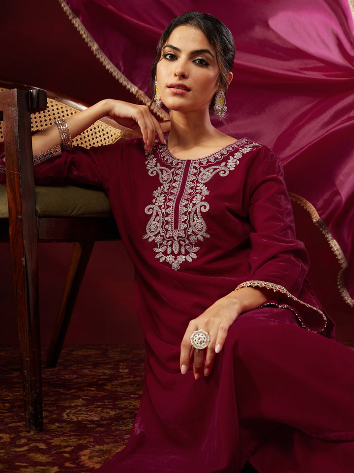 Pink Velvet Yoke Embroidery 3-Piece Kurta Set