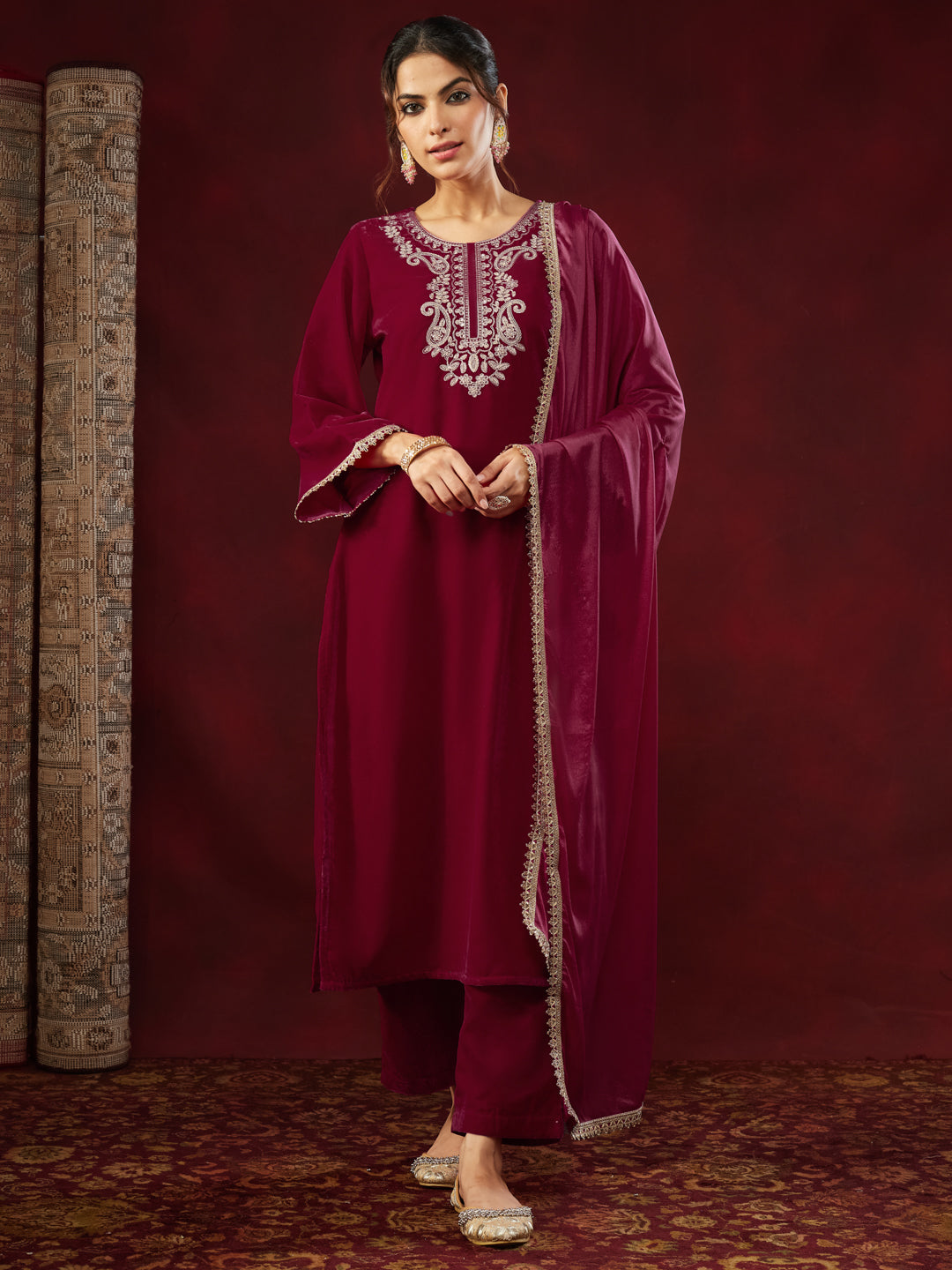 Pink Velvet Yoke Embroidery 3-Piece Kurta Set