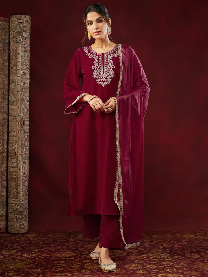 Pink Velvet Yoke Embroidery 3-Piece Kurta Set