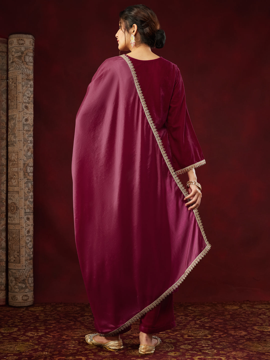 Pink Velvet Yoke Embroidery 3-Piece Kurta Set