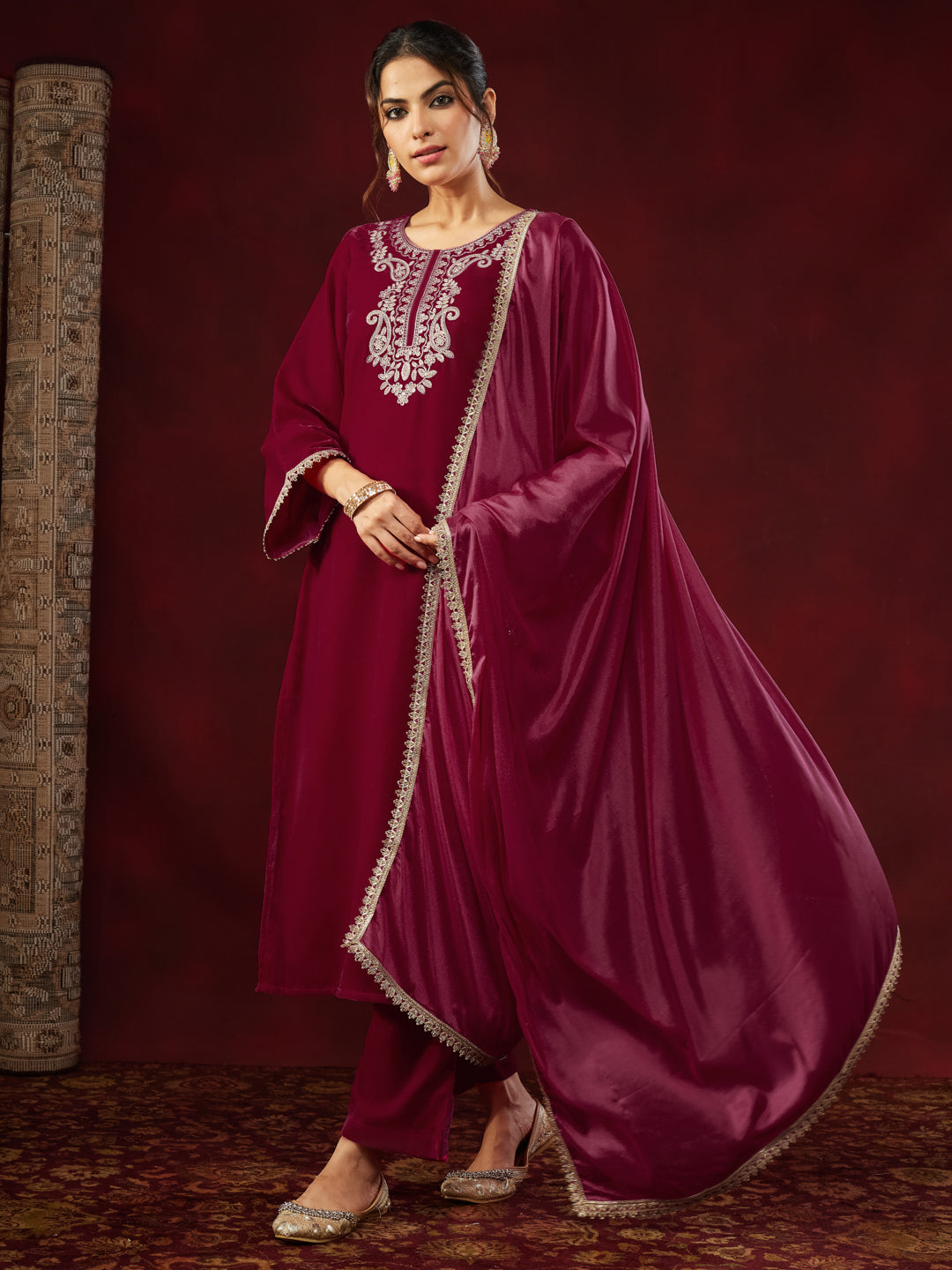 Pink Velvet Yoke Embroidery 3-Piece Kurta Set