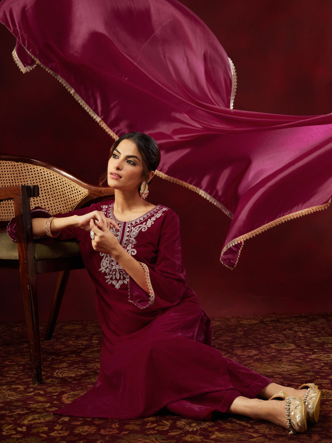 Pink Velvet Yoke Embroidery 3-Piece Kurta Set