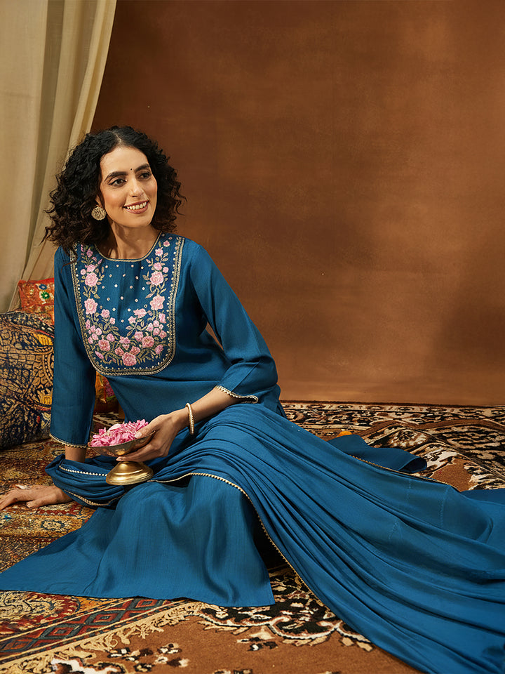 Teal Silk Blend Embroidered 3-Piece Kurta Set