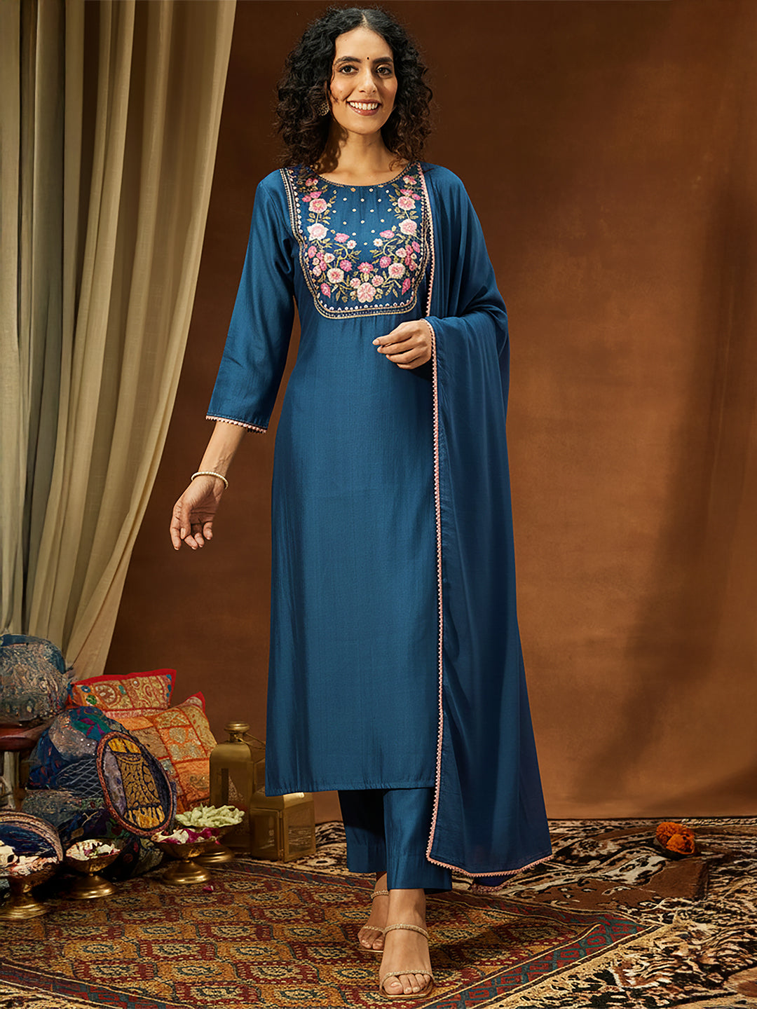Teal Silk Blend Embroidered 3-Piece Kurta Set