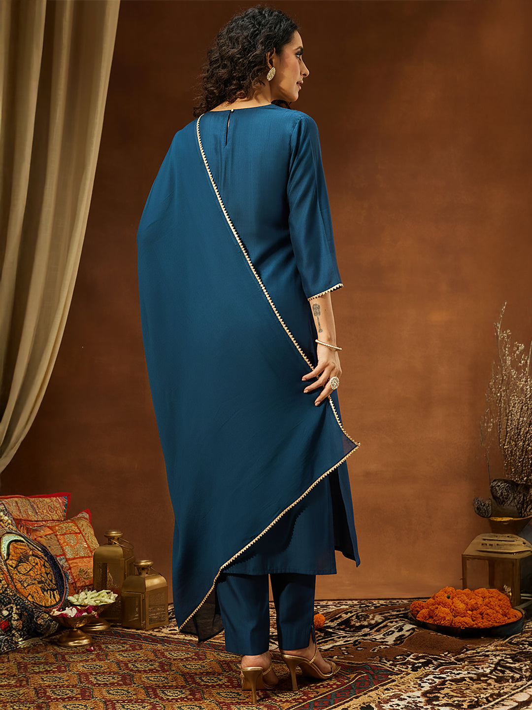 Teal Silk Blend Embroidered 3-Piece Kurta Set