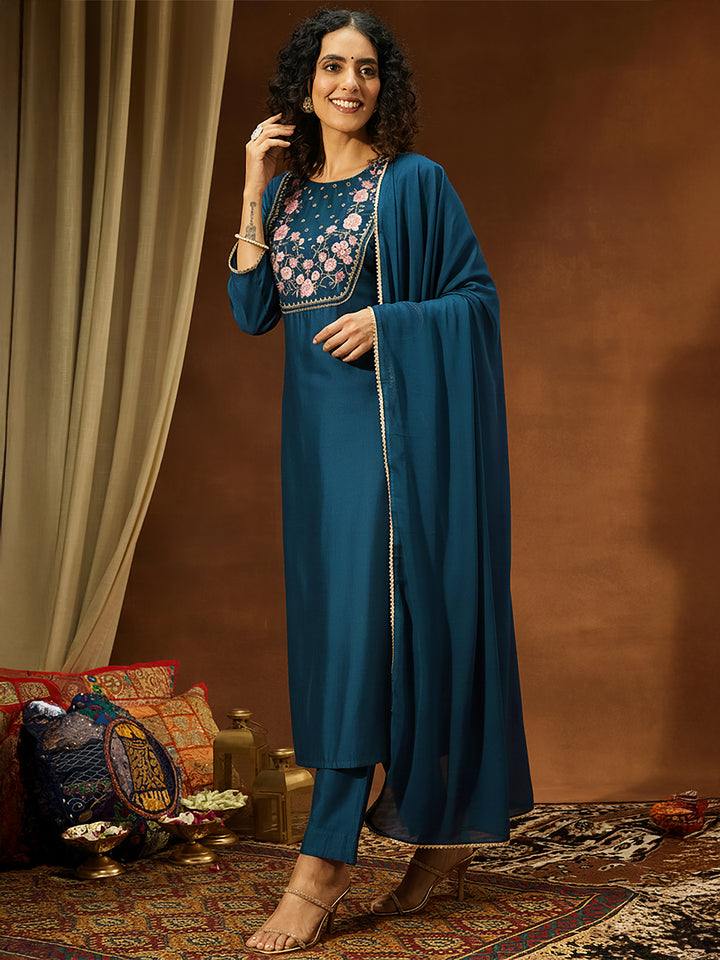 Teal Silk Blend Embroidered 3-Piece Kurta Set