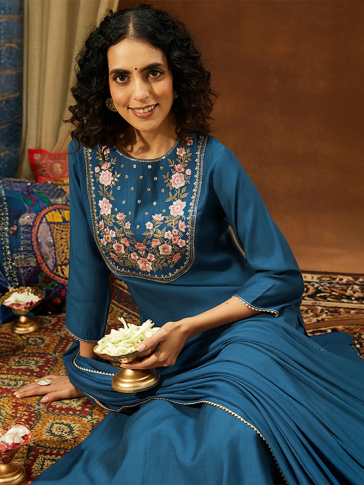Teal Silk Blend Embroidered 3-Piece Kurta Set