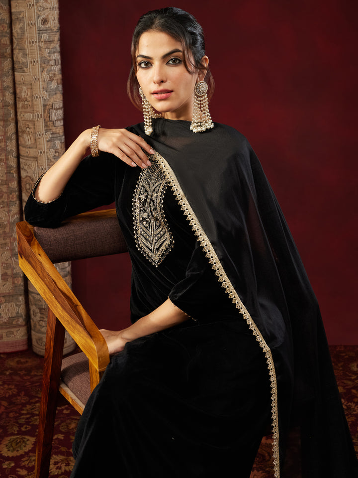 Black Velvet Yoke Embroidery 3-Piece Kurta Set