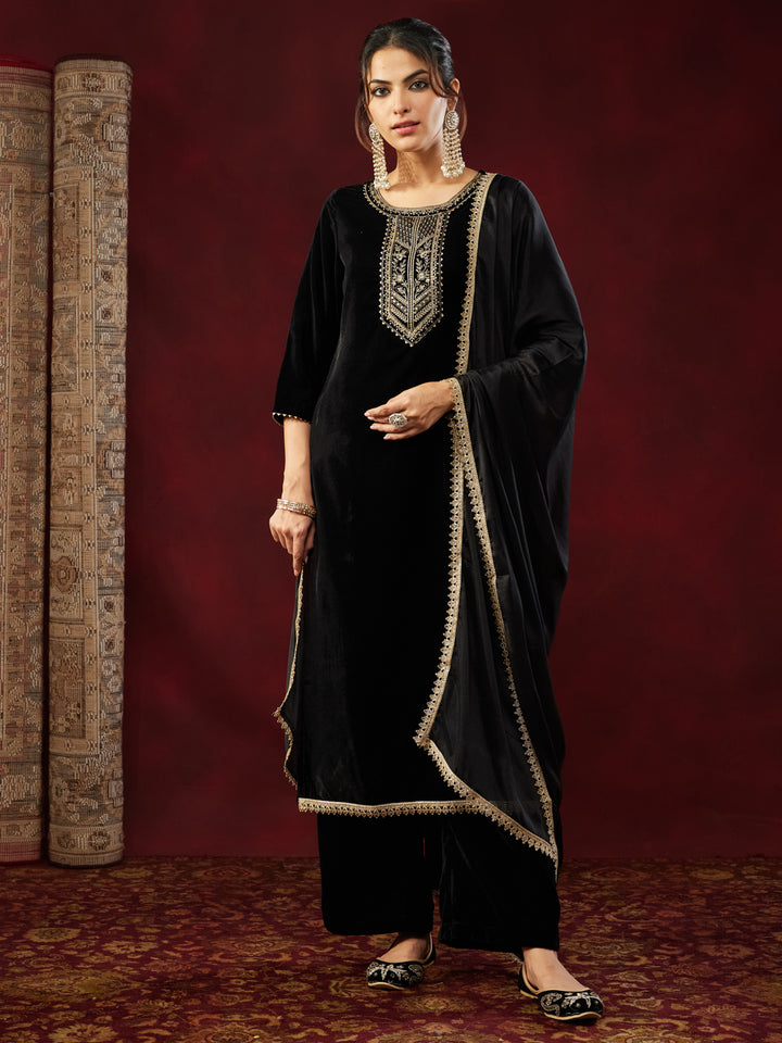 Black Velvet Yoke Embroidery 3-Piece Kurta Set
