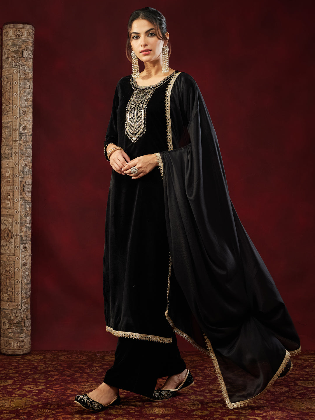 Black Velvet Yoke Embroidery 3-Piece Kurta Set