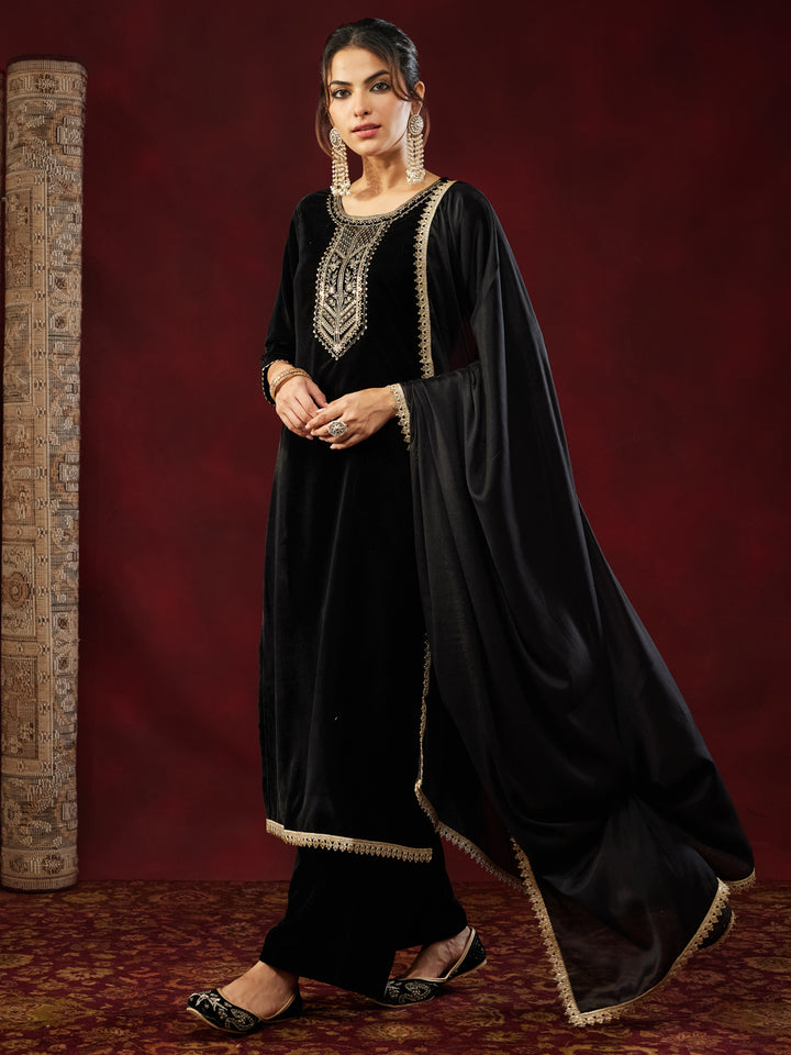 Black Velvet Yoke Embroidery 3-Piece Kurta Set
