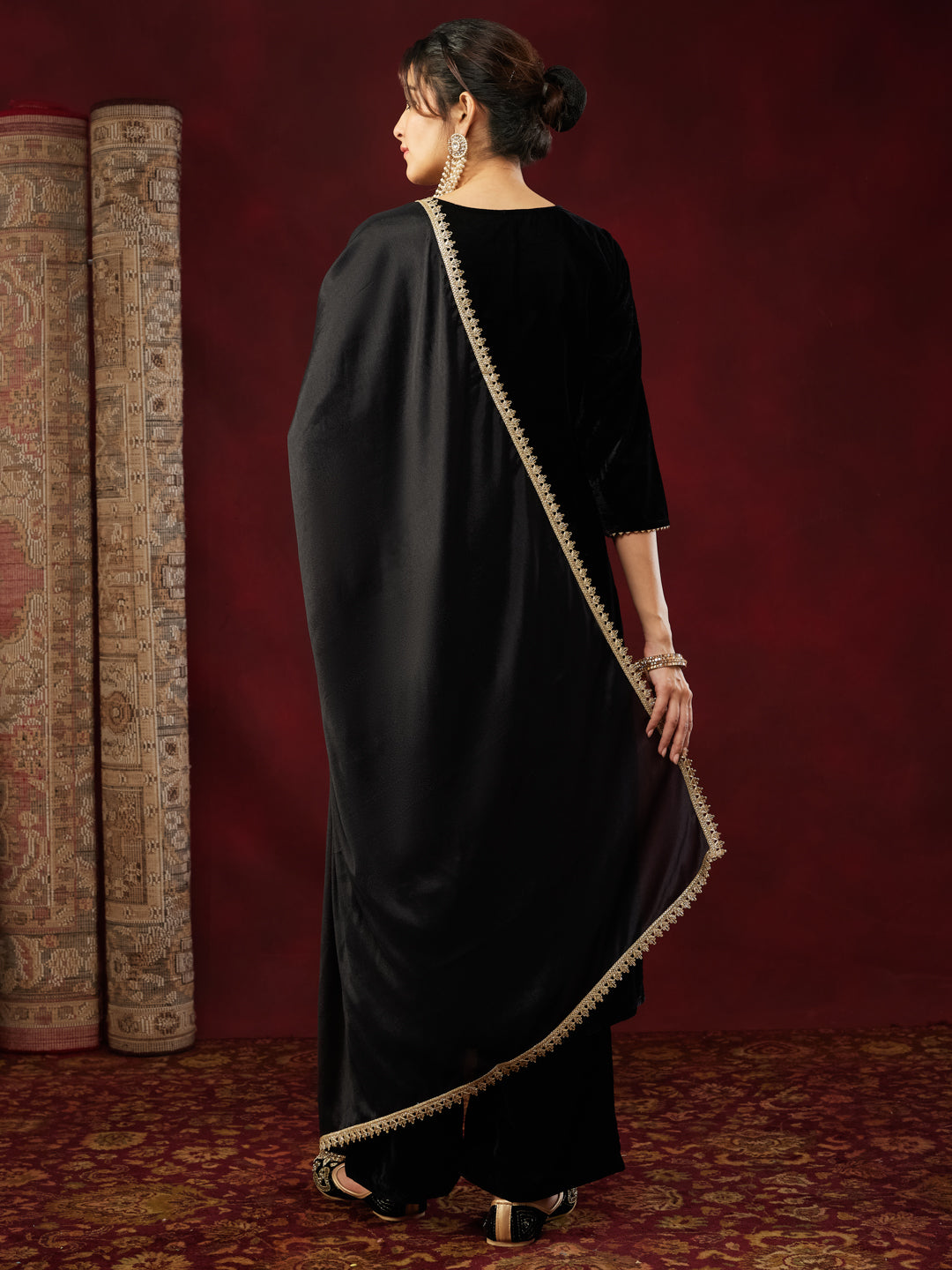 Black Velvet Yoke Embroidery 3-Piece Kurta Set