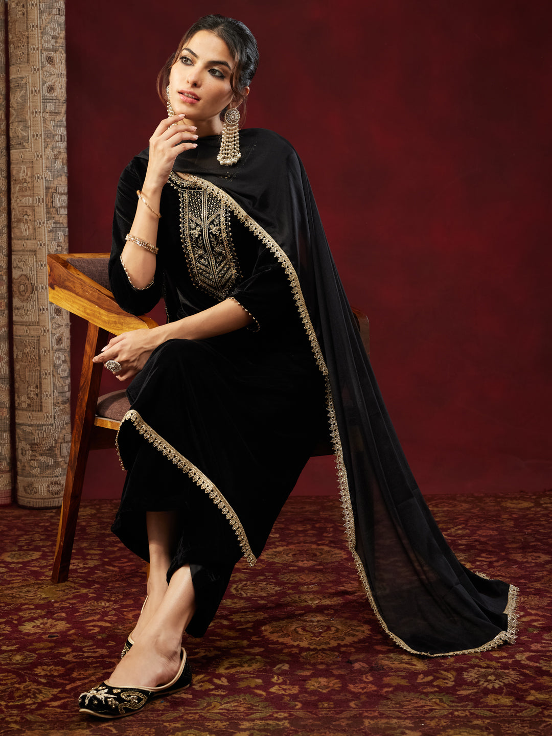 Black Velvet Yoke Embroidery 3-Piece Kurta Set