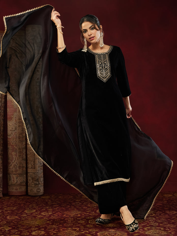 Black Velvet Yoke Embroidery 3-Piece Kurta Set