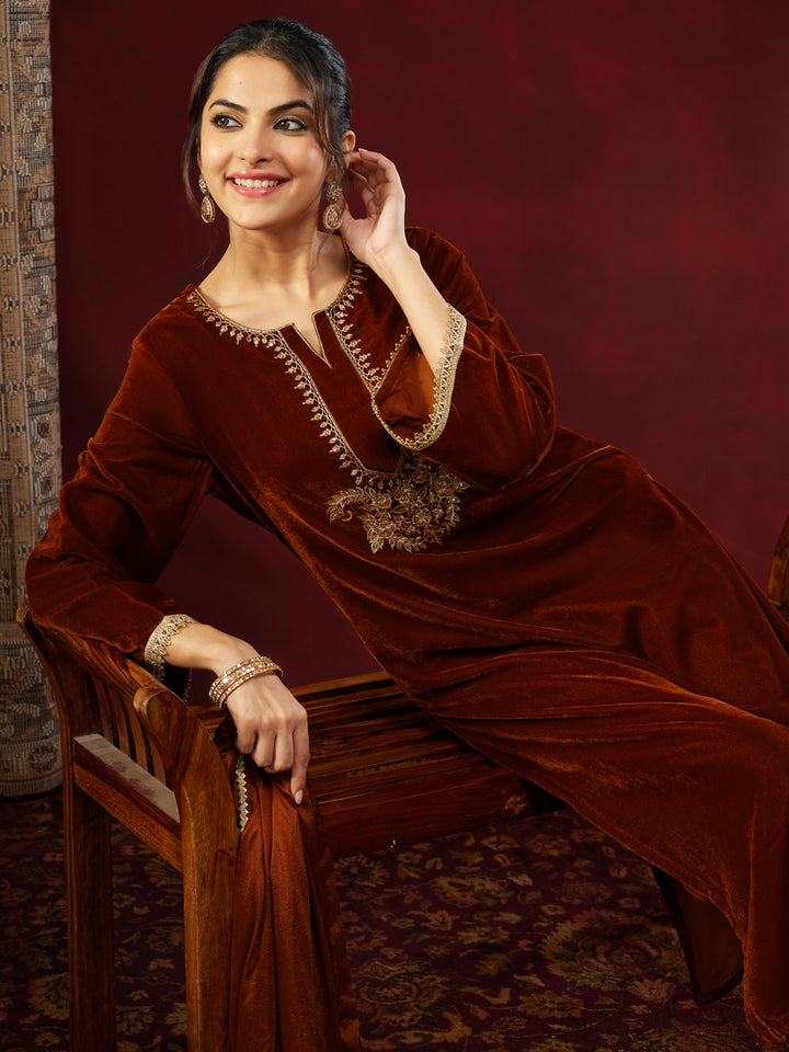 Brown Velvet Embroidered 3-Piece Kurta Set