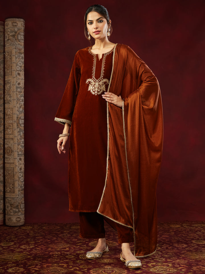 Brown Velvet Embroidered 3-Piece Kurta Set
