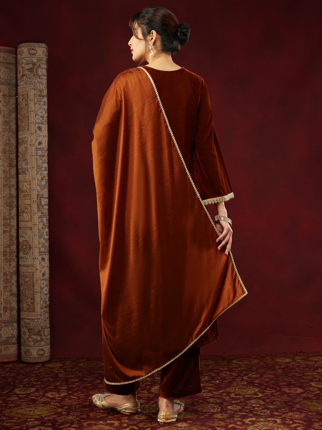 Brown Velvet Embroidered 3-Piece Kurta Set