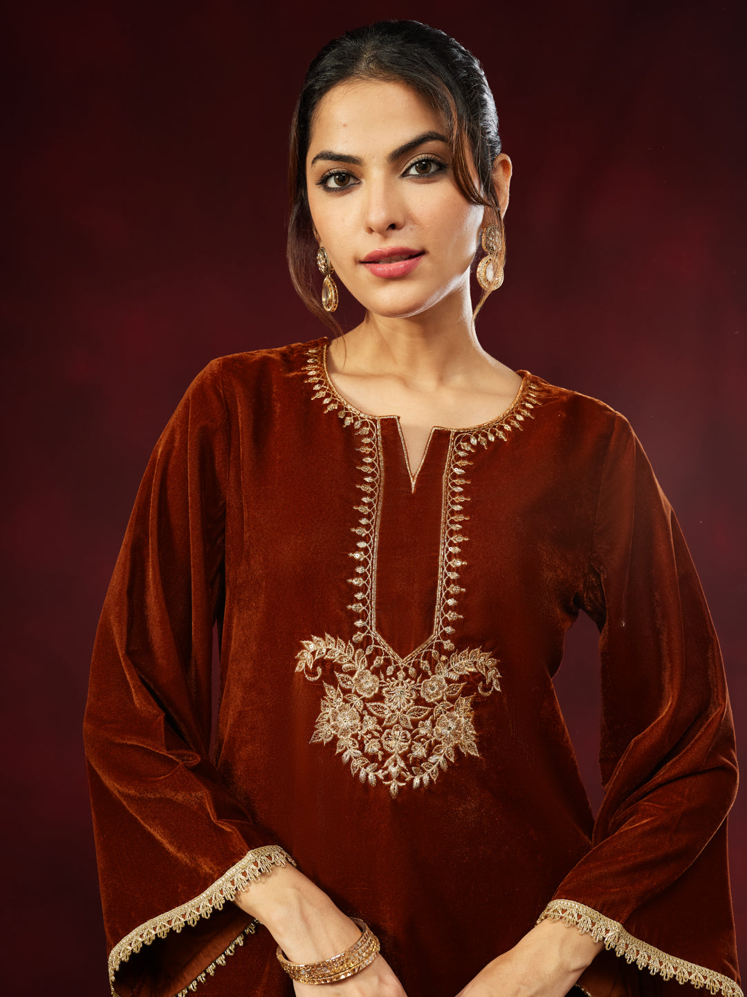 Brown Velvet Embroidered 3-Piece Kurta Set