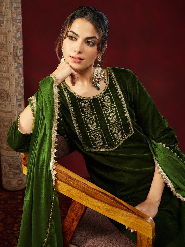 Olive Velvet Yoke Embroidery 3-Piece Kurta Set