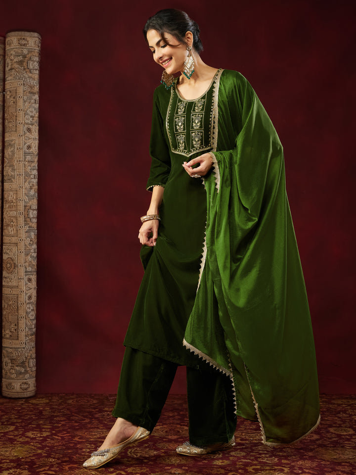 Olive Velvet Yoke Embroidery 3-Piece Kurta Set