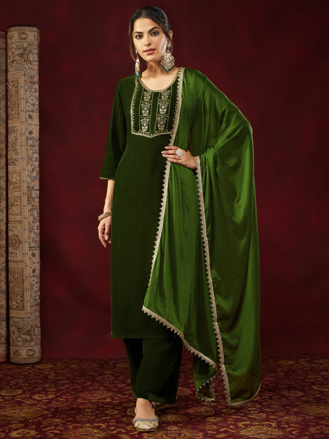 Olive Velvet Yoke Embroidery 3-Piece Kurta Set