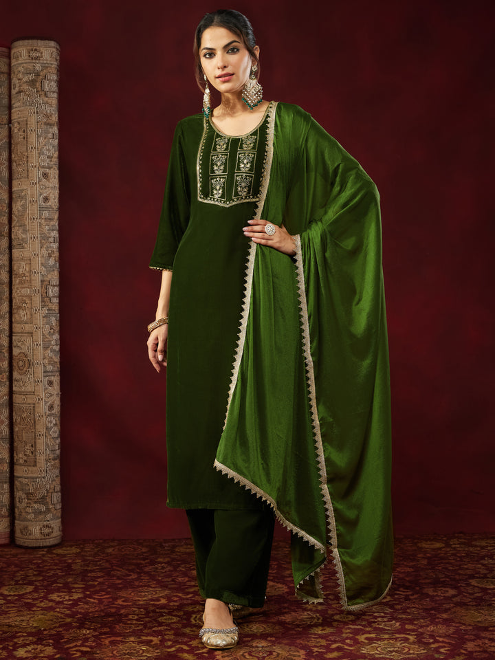 Olive Velvet Yoke Embroidery 3-Piece Kurta Set