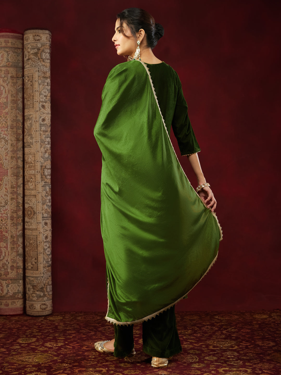 Olive Velvet Yoke Embroidery 3-Piece Kurta Set