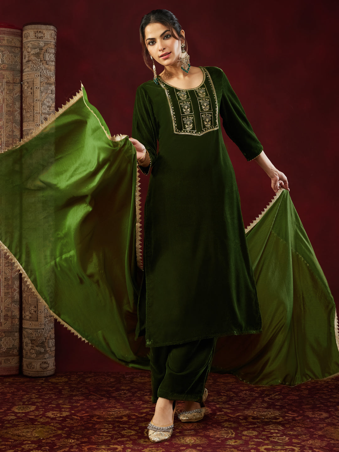 Olive Velvet Yoke Embroidery 3-Piece Kurta Set