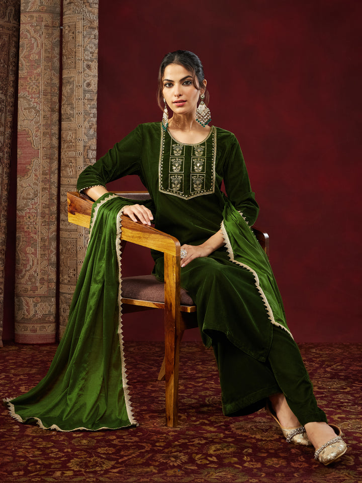 Olive Velvet Yoke Embroidery 3-Piece Kurta Set