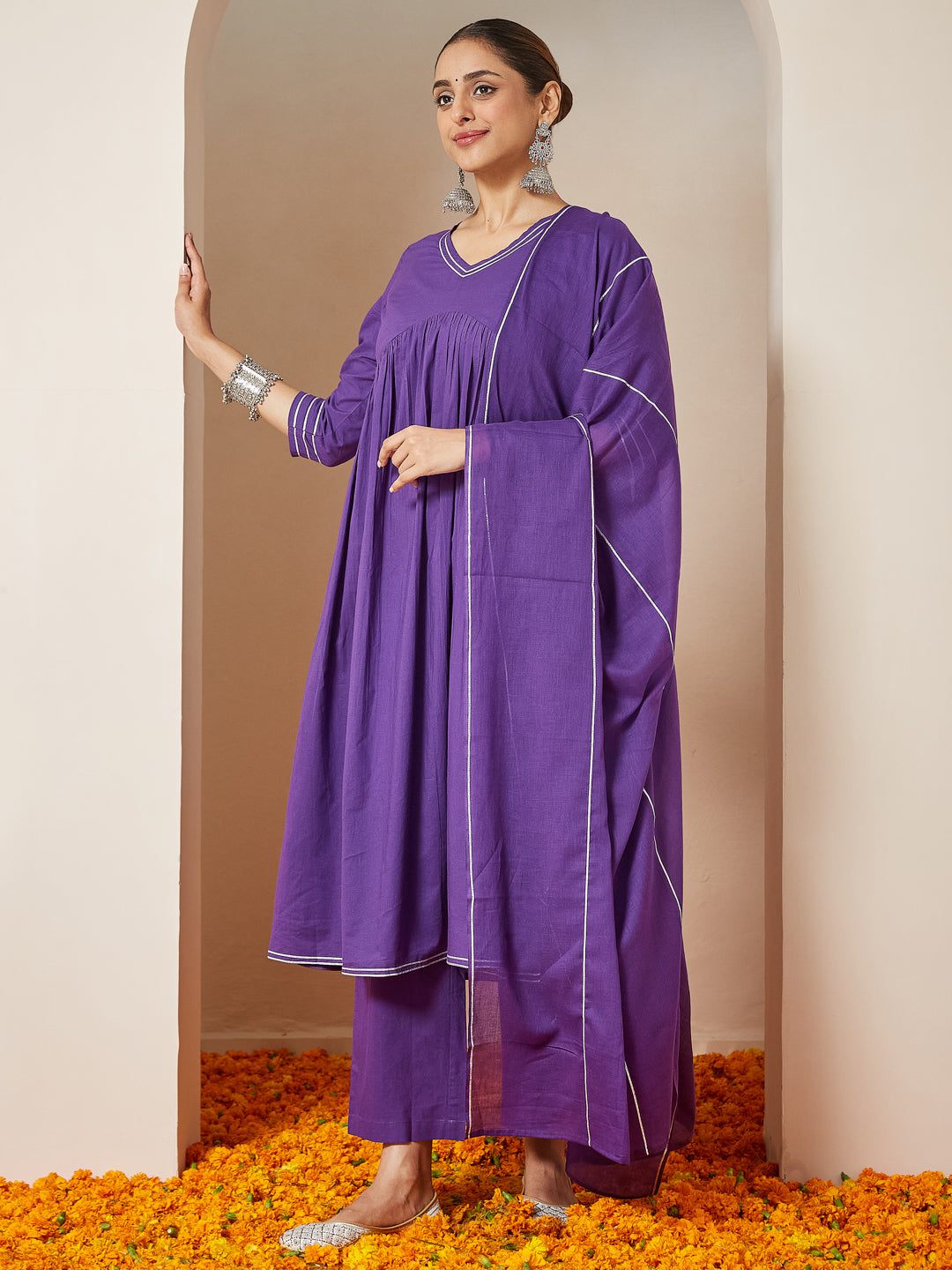 Purple Cambric A-Line Solid 3-Piece Kurta Set