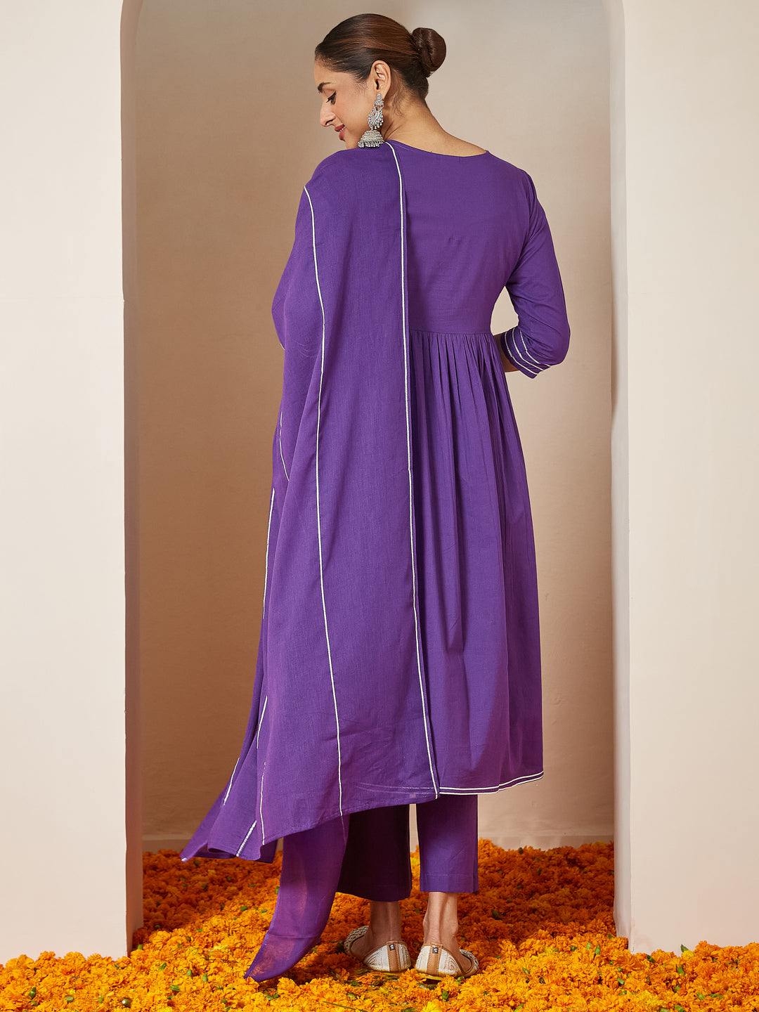 Purple Cambric A-Line Solid 3-Piece Kurta Set