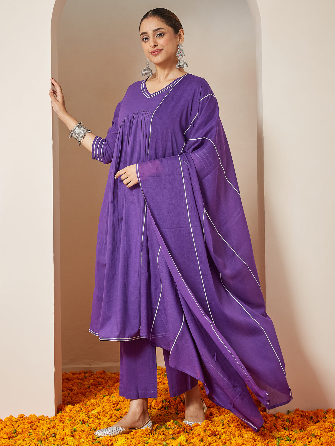 Purple Cambric A-Line Solid 3-Piece Kurta Set