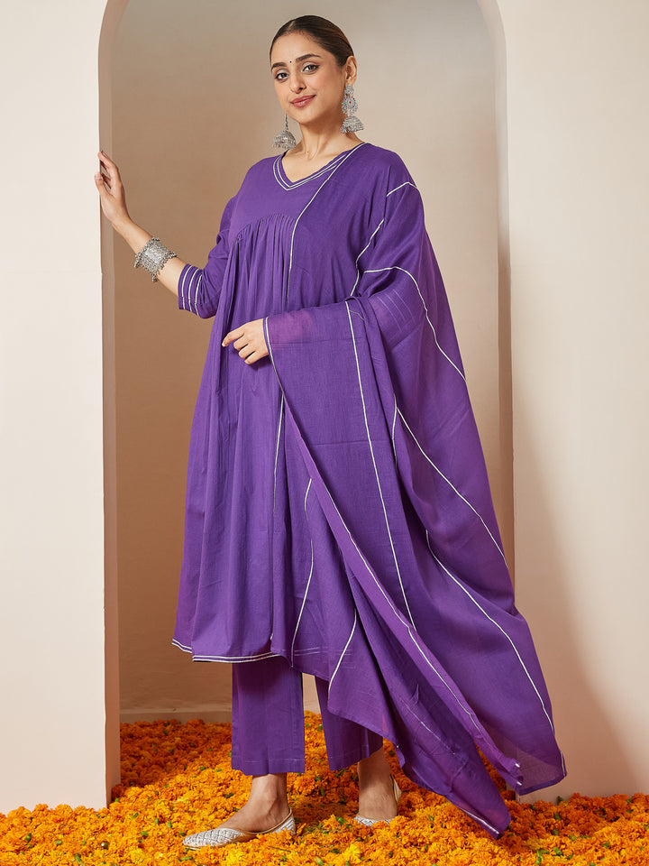 Purple Cambric A-Line Solid 3-Piece Kurta Set