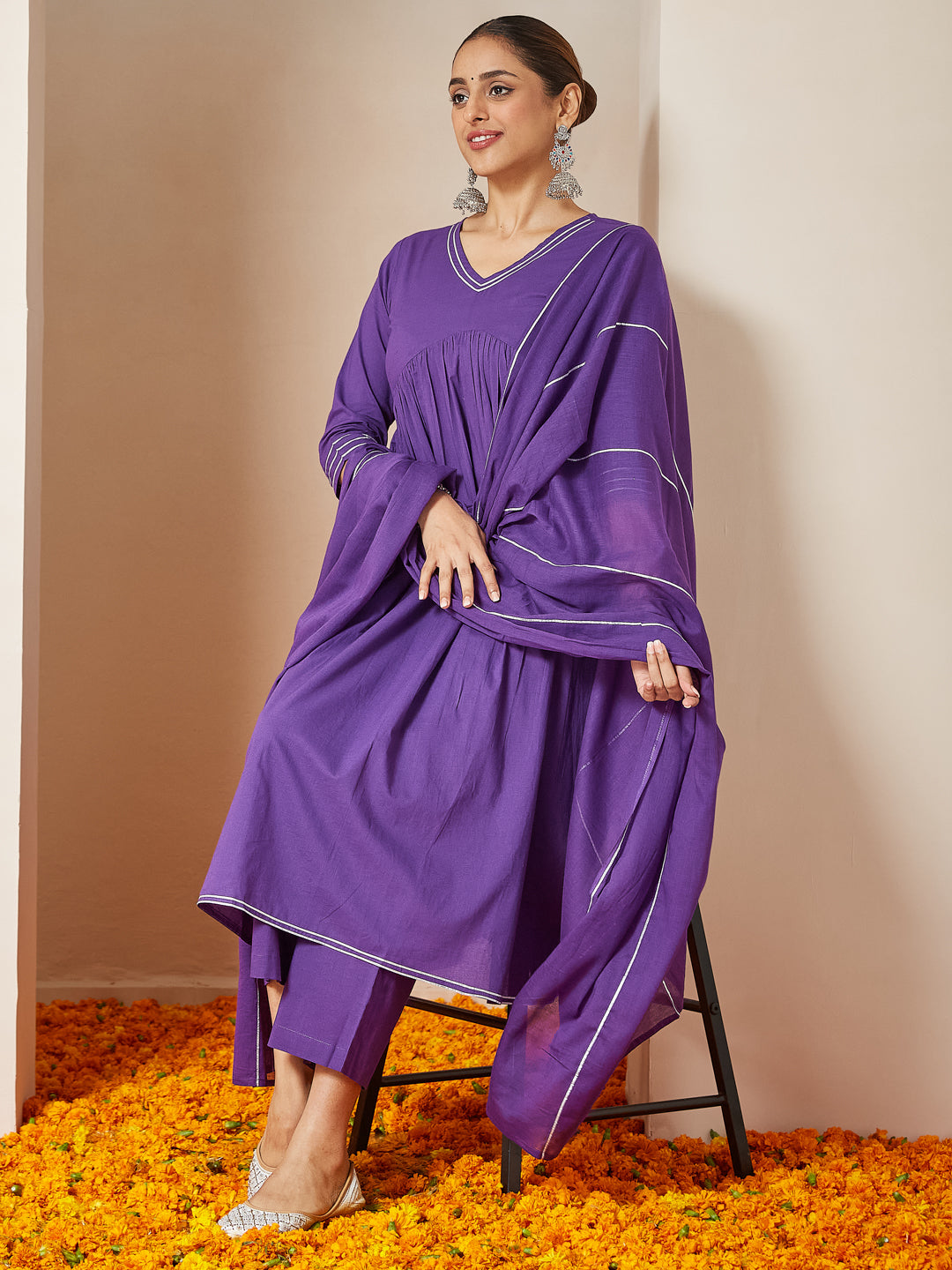 Purple Cambric A-Line Solid 3-Piece Kurta Set