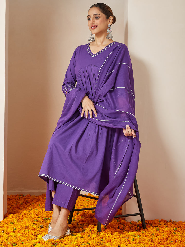 Purple Cambric A-Line Solid 3-Piece Kurta Set