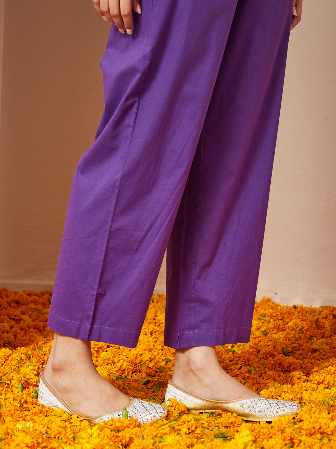 Purple Cambric A-Line Solid 3-Piece Kurta Set