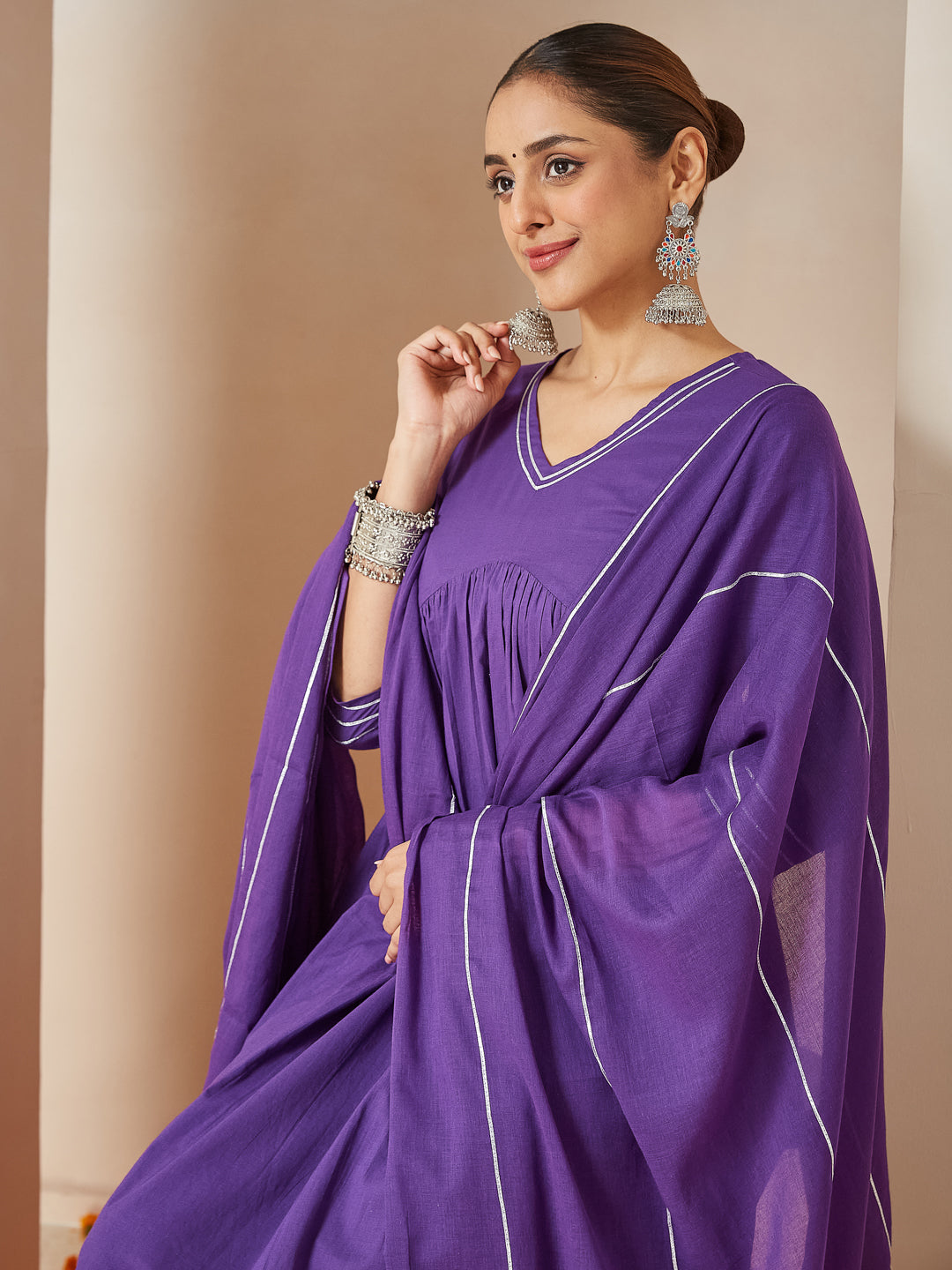 Purple Cambric A-Line Solid 3-Piece Kurta Set