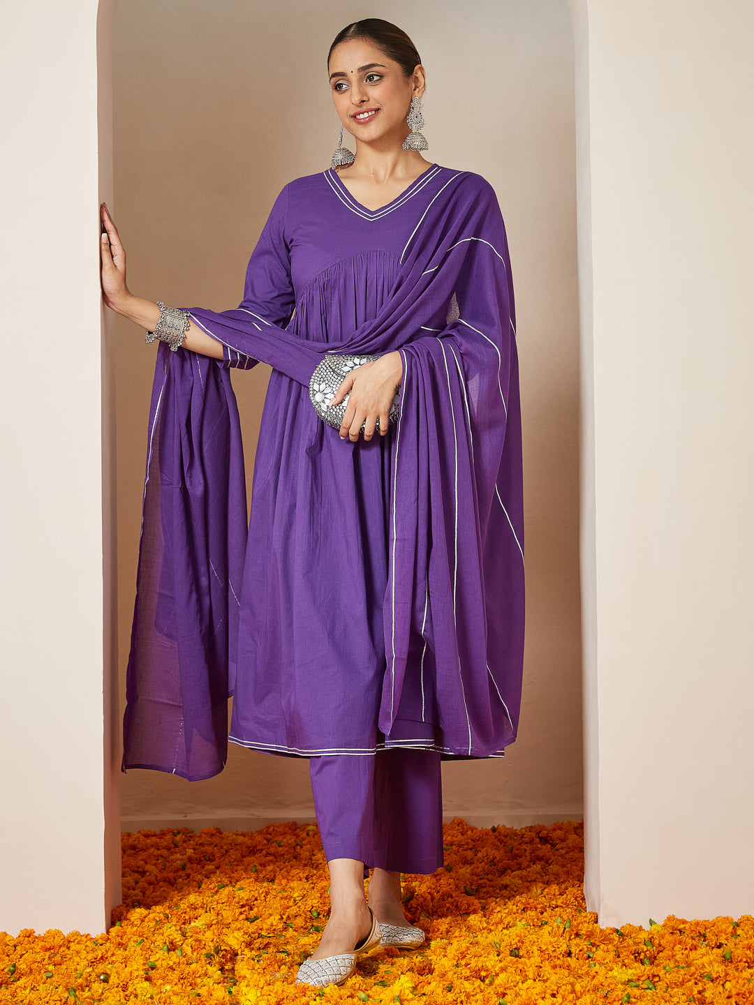 Purple-Cambric-A-Line-Solid-3-Piece-Kurta-Set