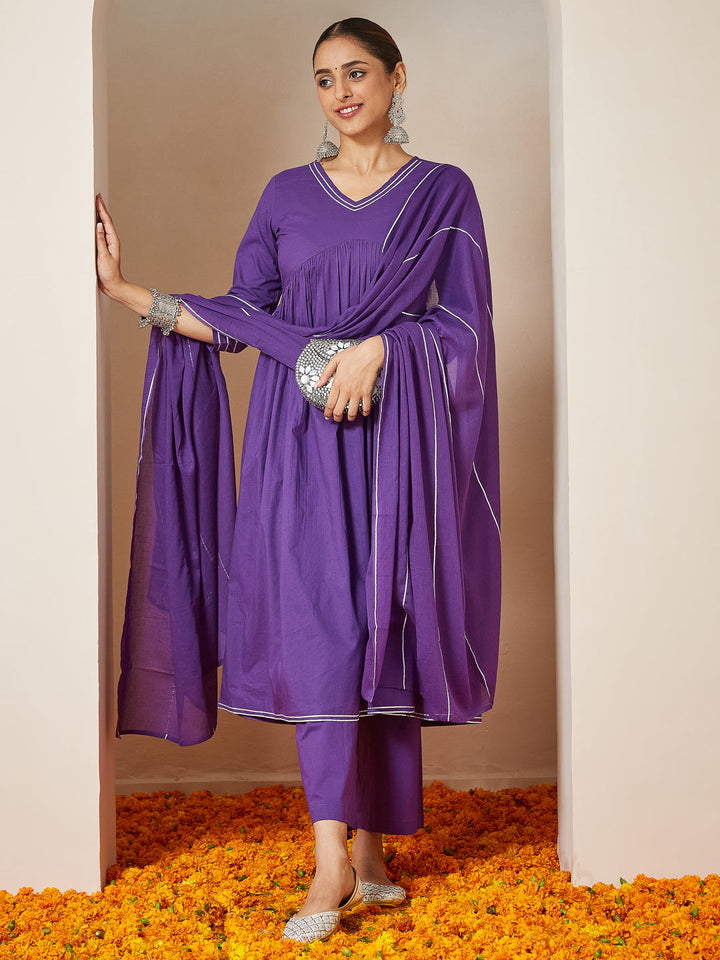 Purple-Cambric-A-Line-Solid-3-Piece-Kurta-Set