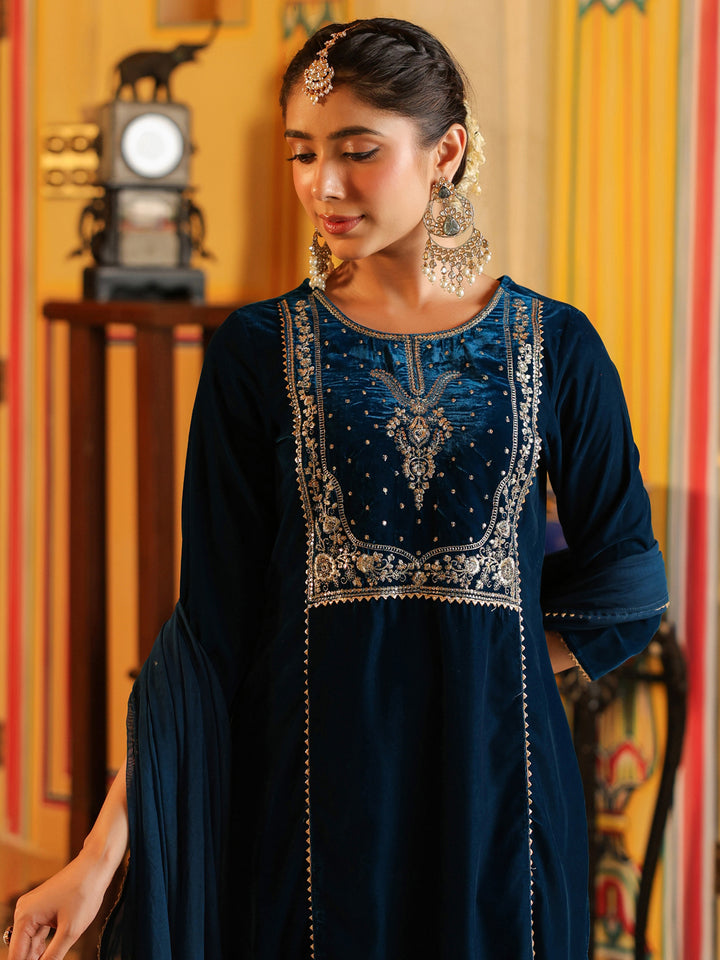 Teal Velvet Embroidered 3-Piece Kurta Set