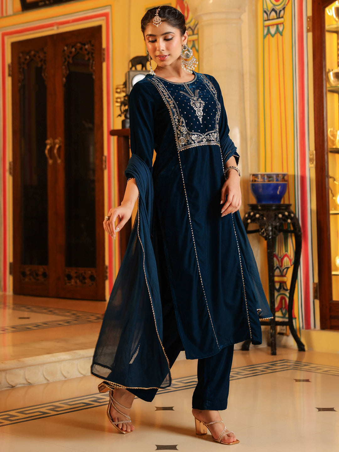 Teal Velvet Embroidered 3-Piece Kurta Set