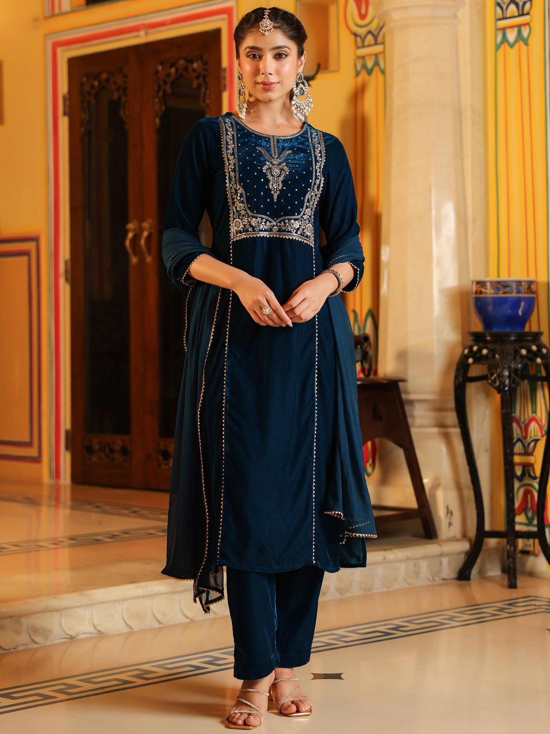 Teal Velvet Embroidered 3-Piece Kurta Set
