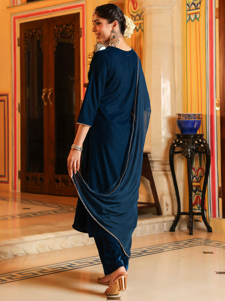 Teal Velvet Embroidered 3-Piece Kurta Set