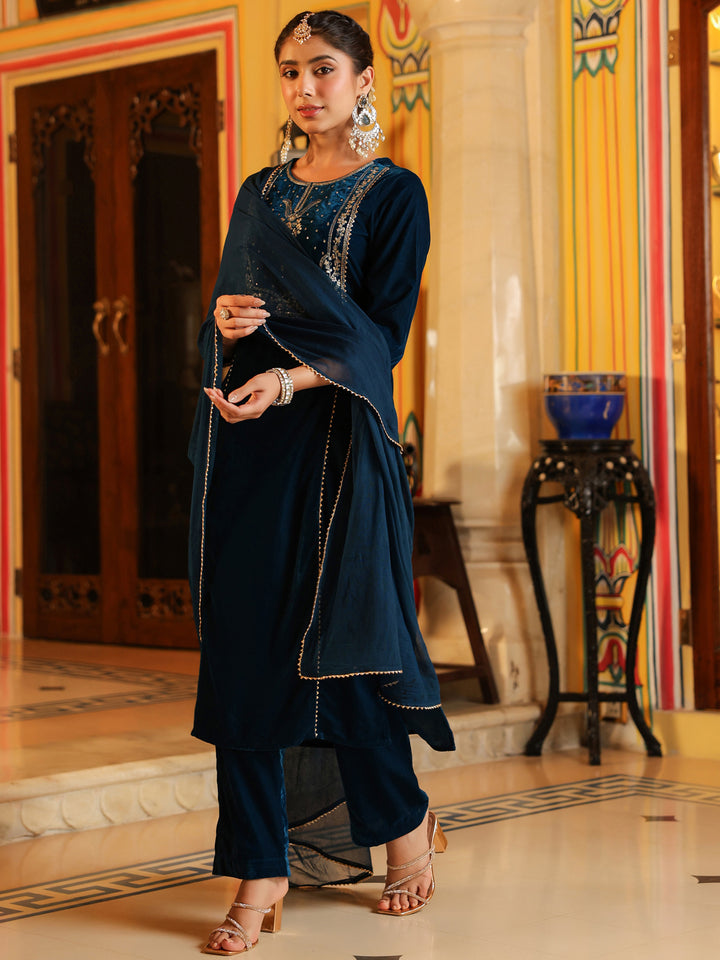 Teal Velvet Embroidered 3-Piece Kurta Set