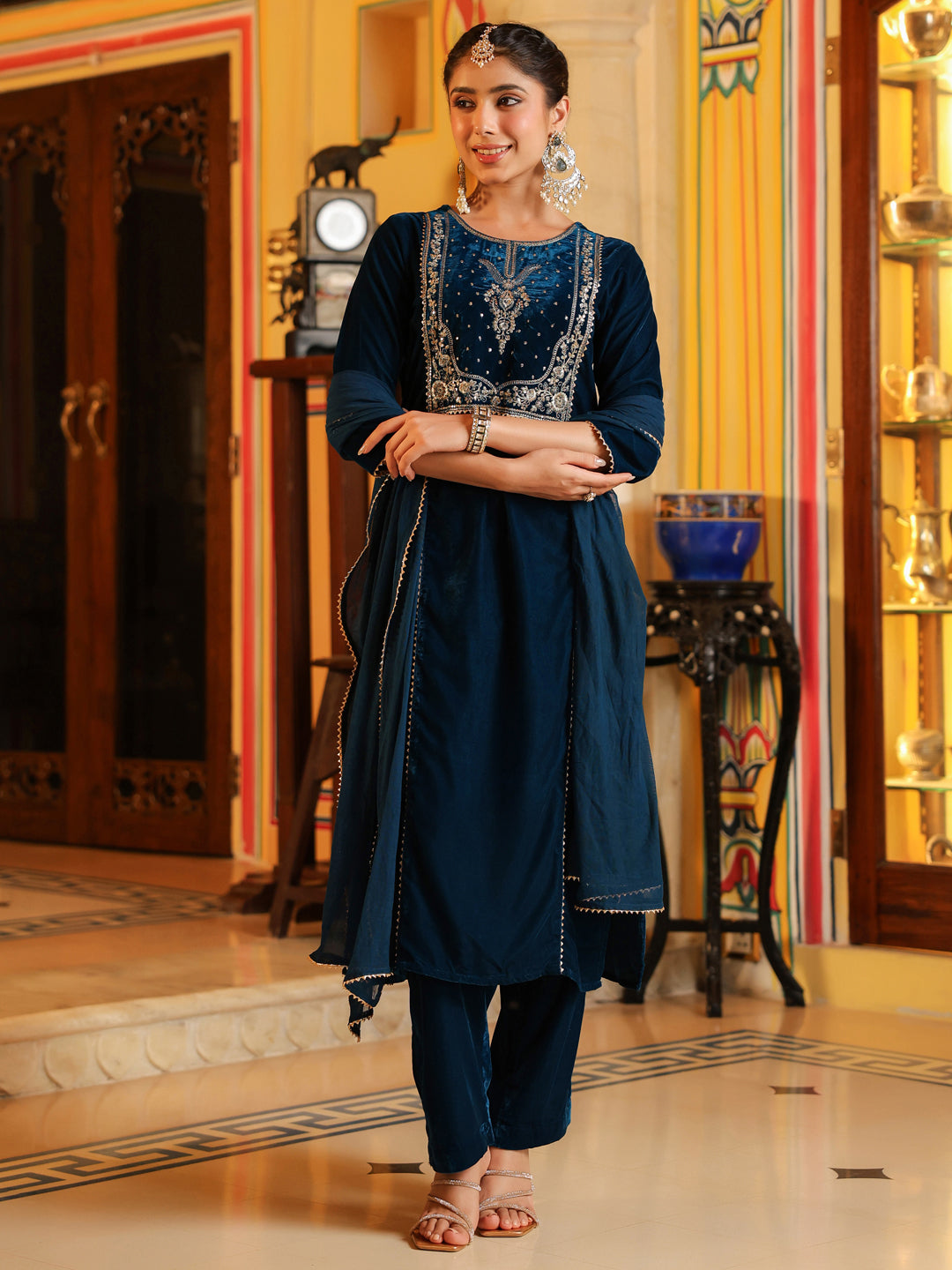 Teal Velvet Embroidered 3-Piece Kurta Set