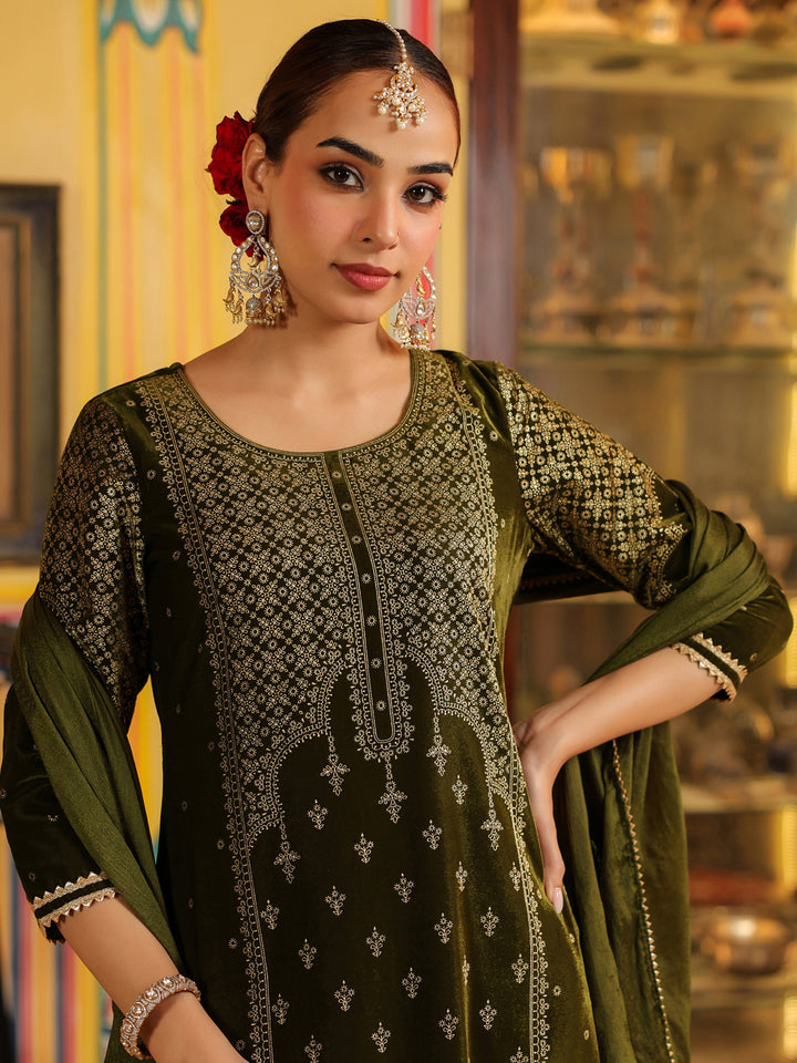 Olive Velvet Foil Print 3-Piece Kurta Set