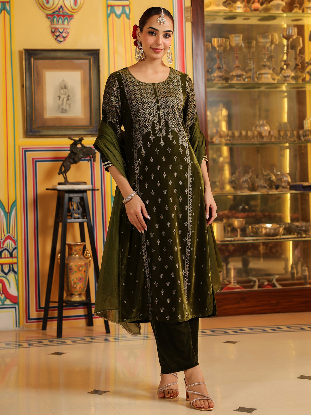Olive Velvet Foil Print 3-Piece Kurta Set