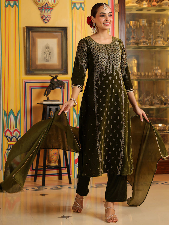 Olive Velvet Foil Print 3-Piece Kurta Set