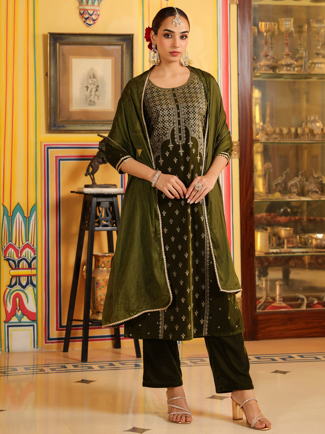 Olive Velvet Foil Print 3-Piece Kurta Set