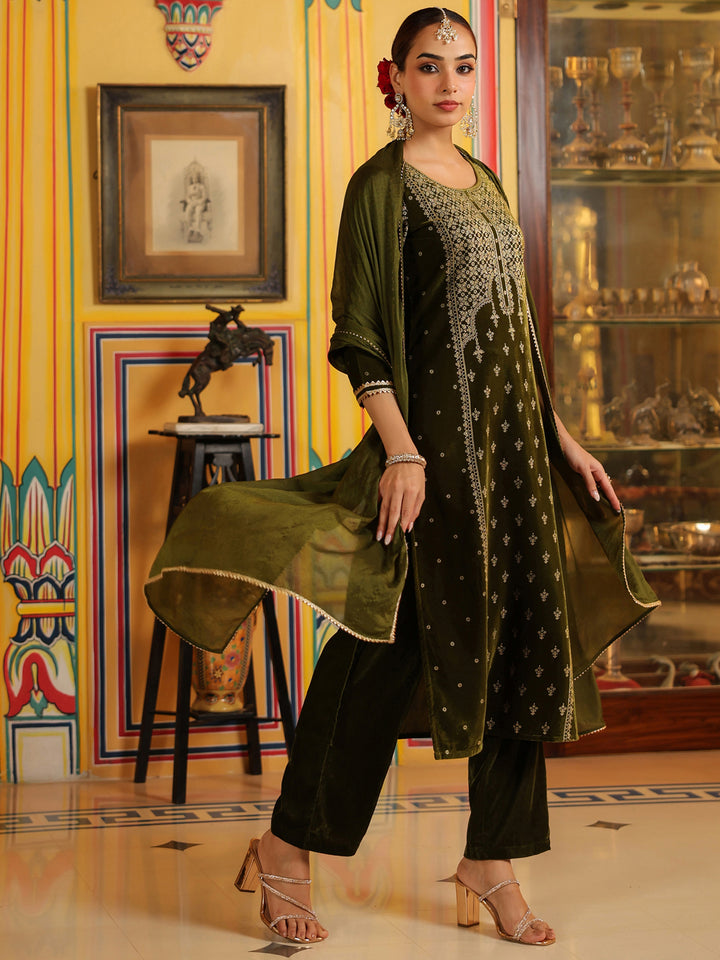 Olive Velvet Foil Print 3-Piece Kurta Set